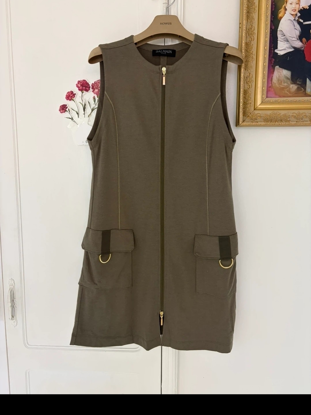 Balmain Olive Green Sleeveless Zip Mini Dress with Gold Accents